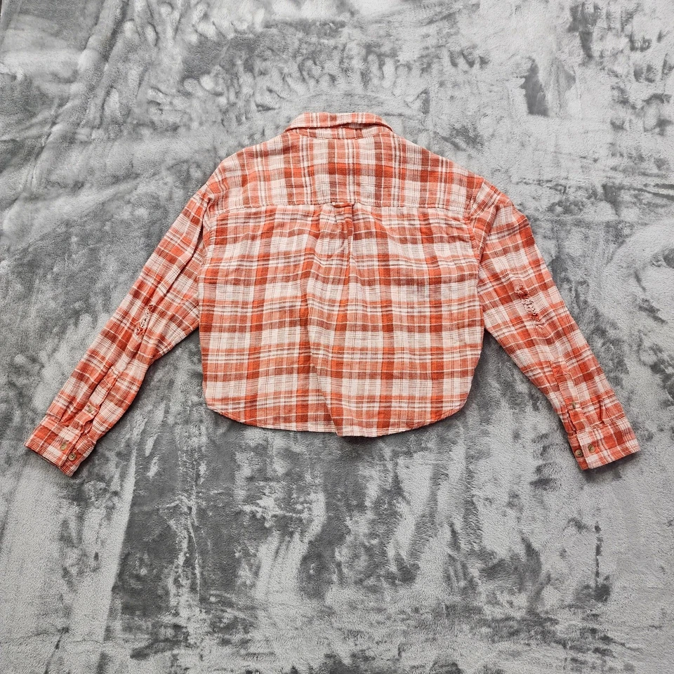 Top American Eagle para mujer S naranja franela recortada a cuadros desgastado manga larga Foto 2 de 4