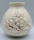 Vintage 1940s Red Wing Pottery Eggshell Ivory/Antiqued Brown Magnolia Vase - 7”H