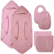 6 Pcs Muslin Hooded Bath Towels Washcloths and Bibs Set, Muslin Cotton Baby T...