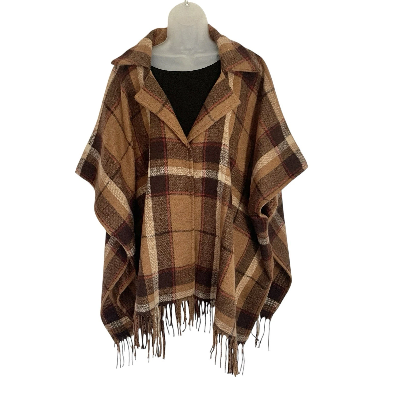 Marc New York Andrew Brown Plaid Cape Poncho One Size Fringed Snap Soft NEW