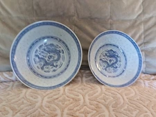 Vintage Jingdezhen Rice Eye White Blue Dragon 9" & 8" Serving Bowls