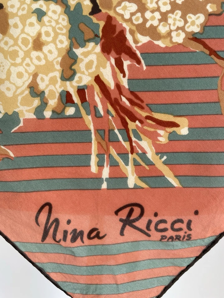 Y2#Nina Ricci Paris Bufanda de Seda Floral Ramo Patrón Lunares Rayas Marrón Coral Foto 2 de 4