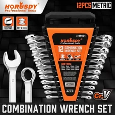 Horusdy 12pcs Metric Spanner Set Ring Open Ended Spanners Crv with Rack 8-19mm