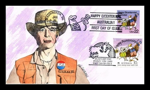 US COVER GEERLINGS HAND PAINTED AUSTRALIA BICENTENNIAL FDC JOINT ISSUE COMBO