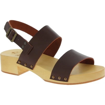 Sabots en bois femme faits à la main avec bande en cuir marron semelle en cuir - Photo 1/4