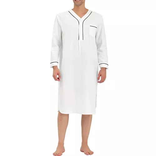 Herren Baumwolle Nachthemd Langarm Locker Lang Schlafshirt Pyjama Nachtwäsche Kleid - Bild 17 von 41
