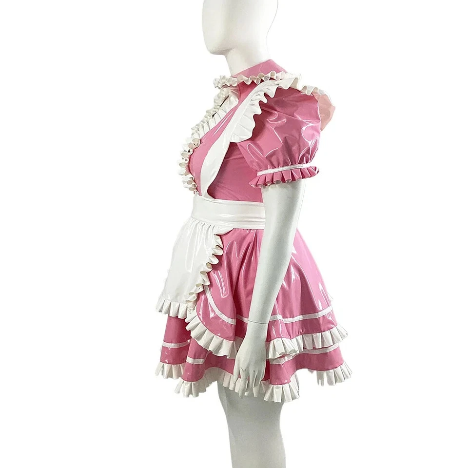 Lolita Lockable PVC Shiny French Maid Unifroms Bubble Sleeve Ruffles Maid Dress - Image 2 of 4