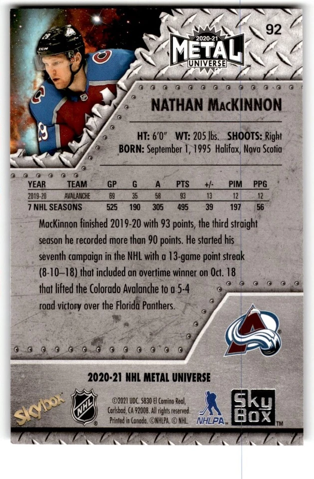 2020-21 Skybox Metal Universe Nathan MacKinnon #92 Colorado Avalanche - Image 2 of 2