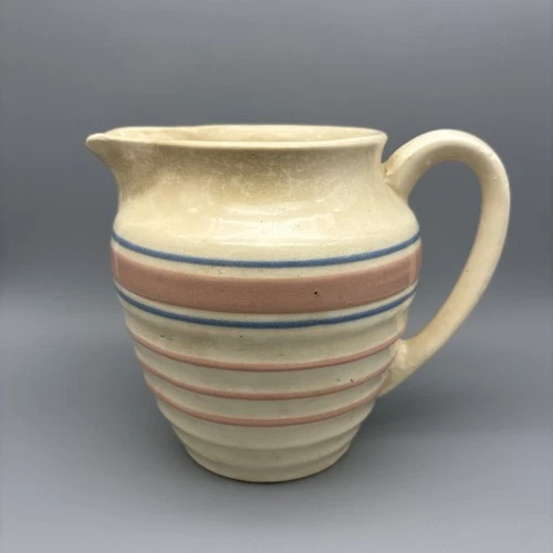 Vintage McCoy E7 Milk Jug/Pitcher 6” - Beehive W/Pink Striping - READ