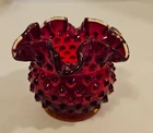 Vintage Fenton Dark Ruby Red Hobnail Ruffled Vase 3 Inch tall