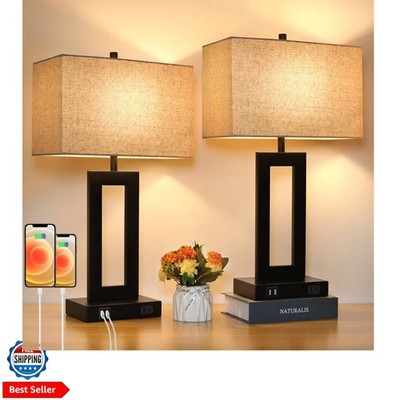 Set of 2 Touch Control Table Lamp with 2 USB Ports, 3-Way Dimmable Modern Nig...