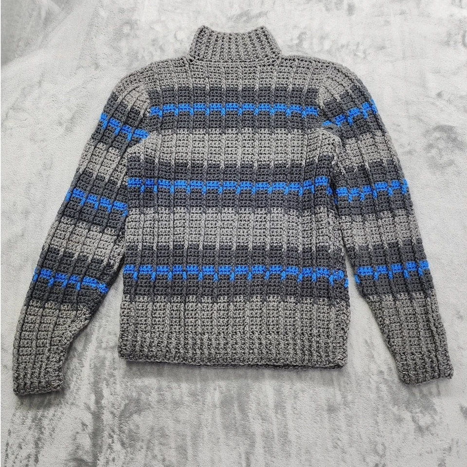 Vintage Hand Made Striped Mock Neck Pullover Sweater Size M Gray Blue Stretch - Image 2 of 4