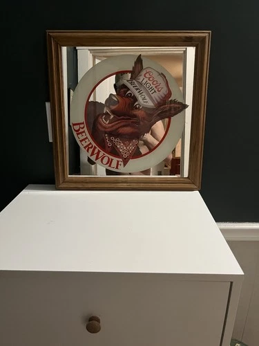 Coors Light Beer Vintage 80s Beerwolf Bar Mirror Sign Framed