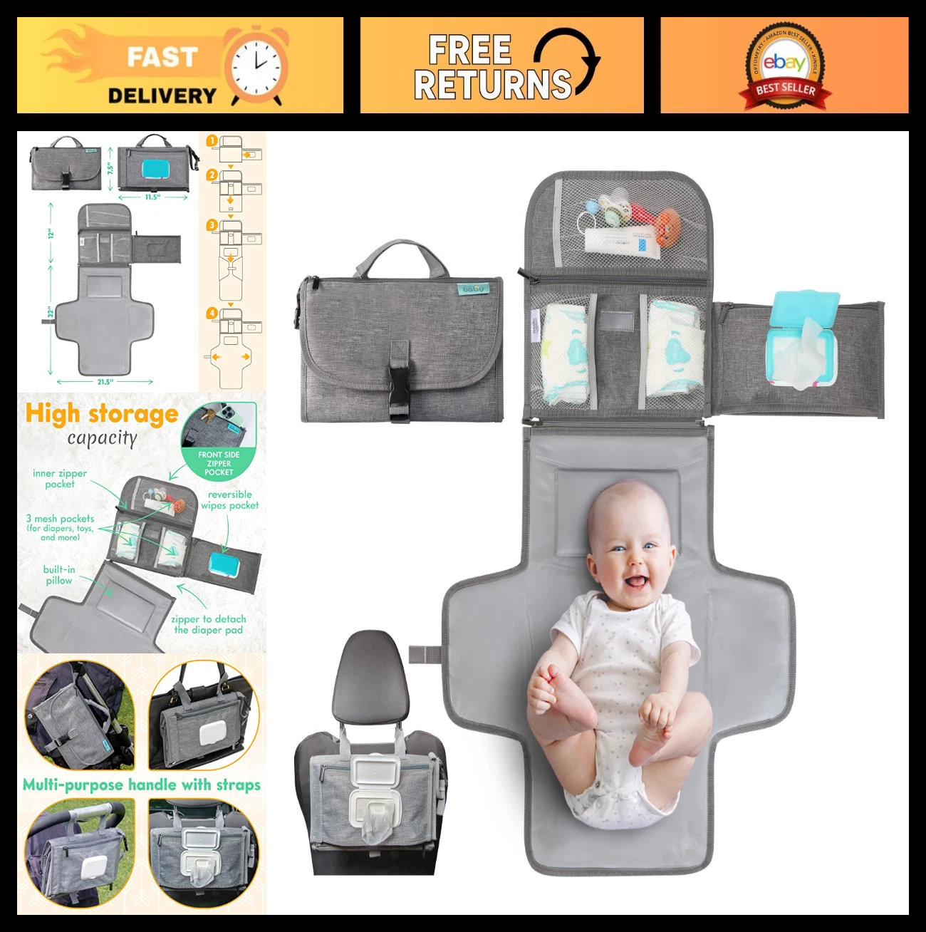 Portable Diaper Changing Pad Travel Bag with Wipes Pocket - Smart Design Infant
Opens in a new windo