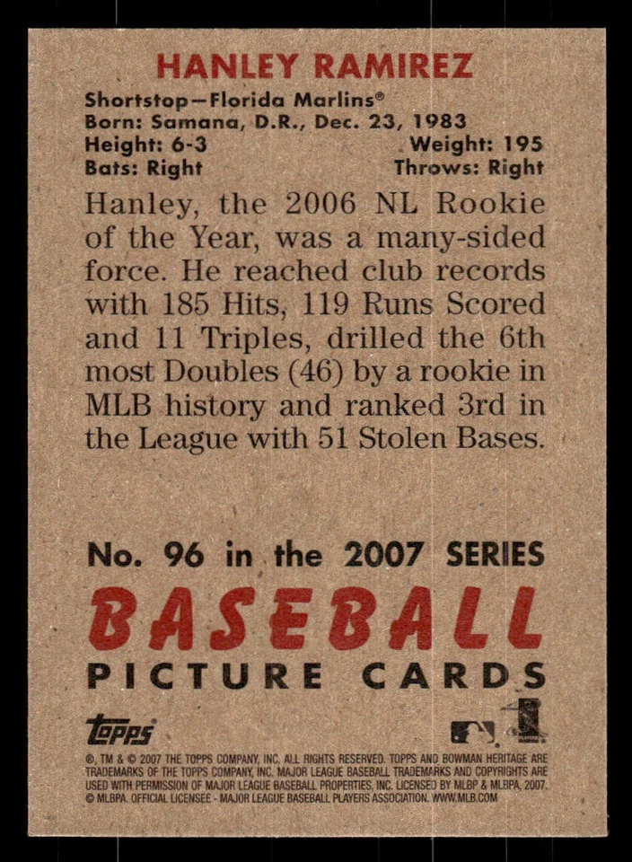 2007 Bowman Heritage #96 Hanley Ramirez Card Florida Marlins - Image 2 of 2