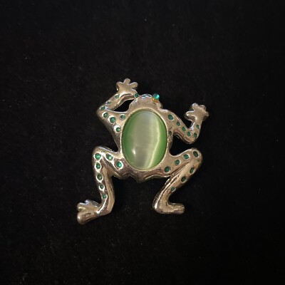 Vintage AAI Jelly Belly Frog Brooch Pin Green Cabachon Silver Tone Climbing 2''