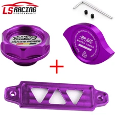 Purple Billet Engine Oil Filler Cap + Radiator Cap + Battery Tie Down