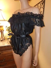 Vtg Dolores Poirette ILGWU Black/Gold Satin/Lace Teddy Romper Bodysuit Sz M