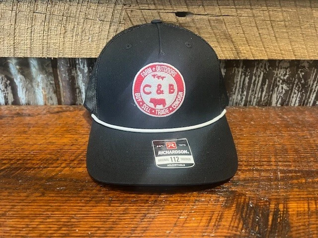 New C&B Farm + Outdoors Richardson 112 Rope Cap Hat Black Red Round Duck Logo