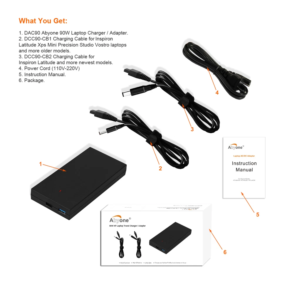 Abyone Slim 90W Ac Adapter USB Traver Charger for Dell Laptop Notebook Universal - Image 4 of 4