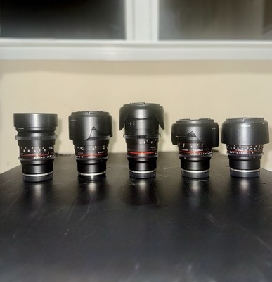 Rokinon E Mount Prime Lens Set. 16mm t 2.6, 24mm, 35mm, 50mm, 85mm T 1.5