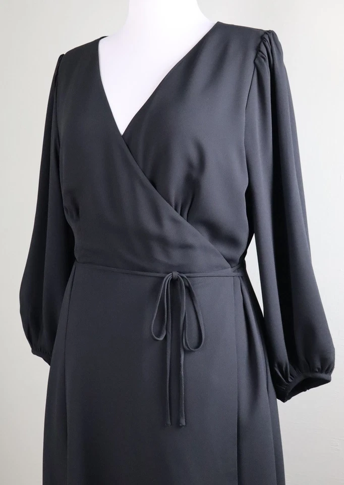 Vestido ANN TAYLOR NUEVO CON ETIQUETAS $129 Negro Sólido Verdadero Envoltura Manga Globo Talla 16 Pequeño Foto 2 de 4