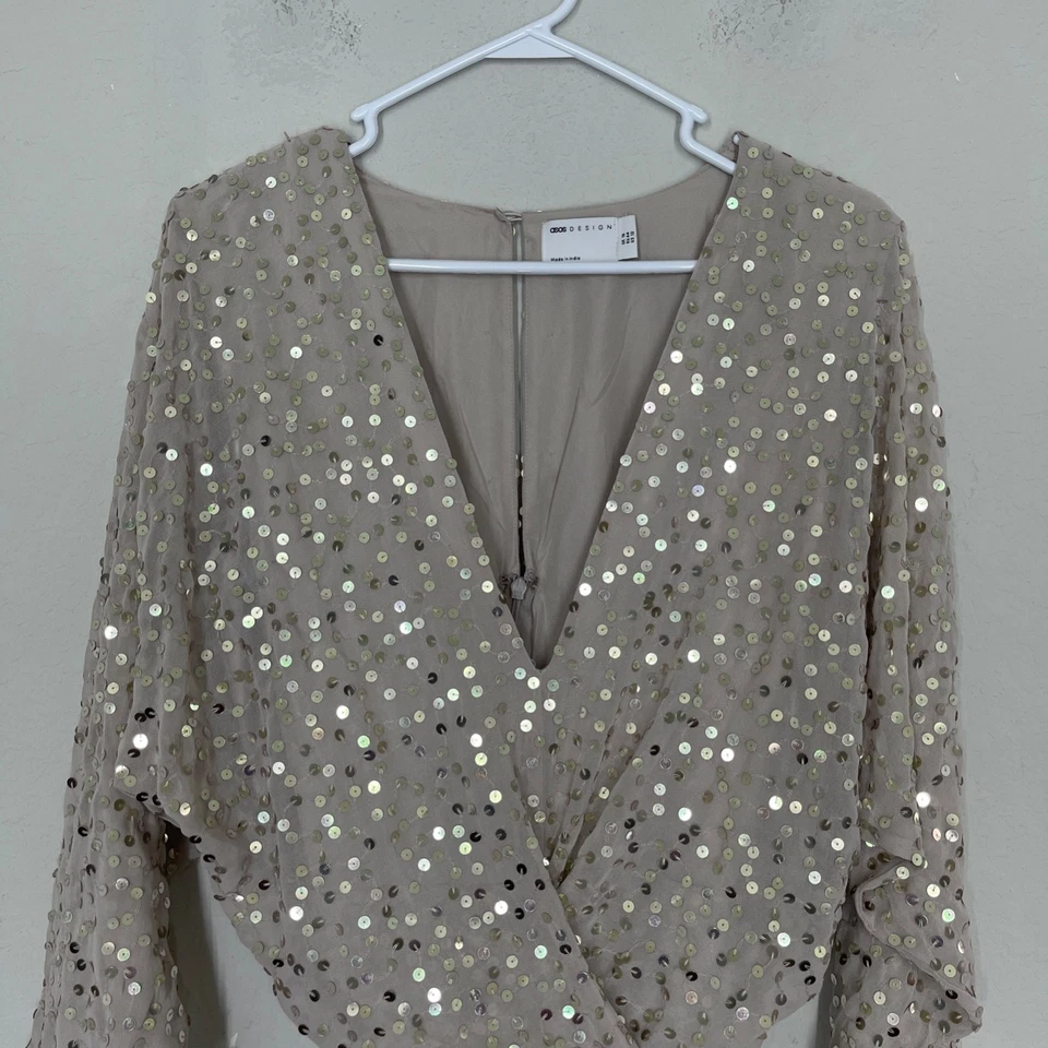Asos Design Sequin Midi Dress Women's Size 12 Batwing Sleeve Plunge Gray Belt - Image 2 of 4