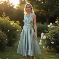 Green Satin Dress 4 Tea Length Criss Cross Zip Boning Prom Special Event NWOT