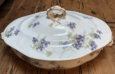 Haviland Vintage Round TUREEN Vegetable Bowl Limoges PURPLE Flowers 9801