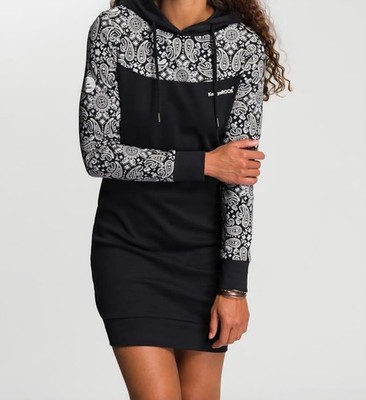 KangaROOS Damen Sweatkleid schwarz mit Kapuze und Paisley Muster Casual...