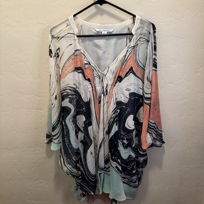 Diane von Furstenberg Syrah 100% Silk Artsy Geometric Top Bat-Wing Lined Small