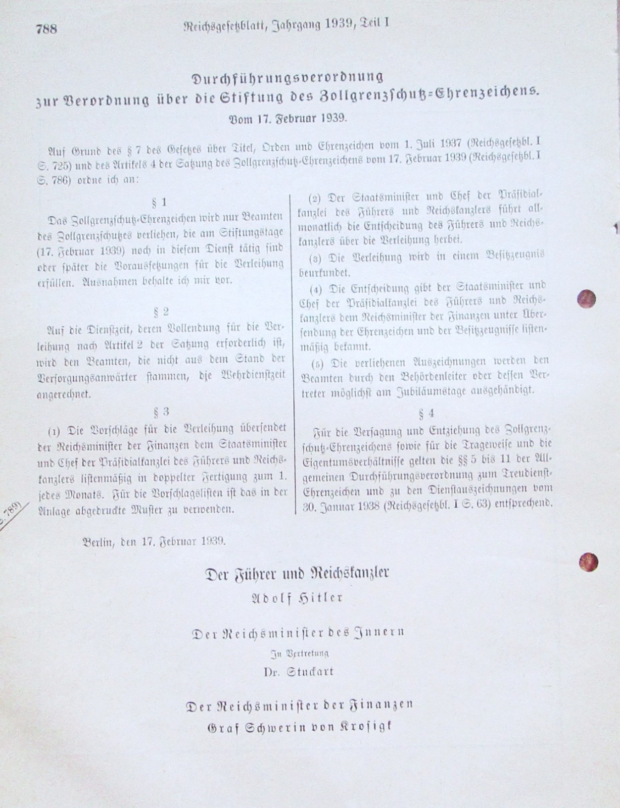 Original German Reich law gazette with decree - Customs Border Guards ...