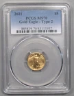 BU 2021 T-2 Type 2 GOLD American Eagle.  $5 -  1/10 oz. PCGS MS70.