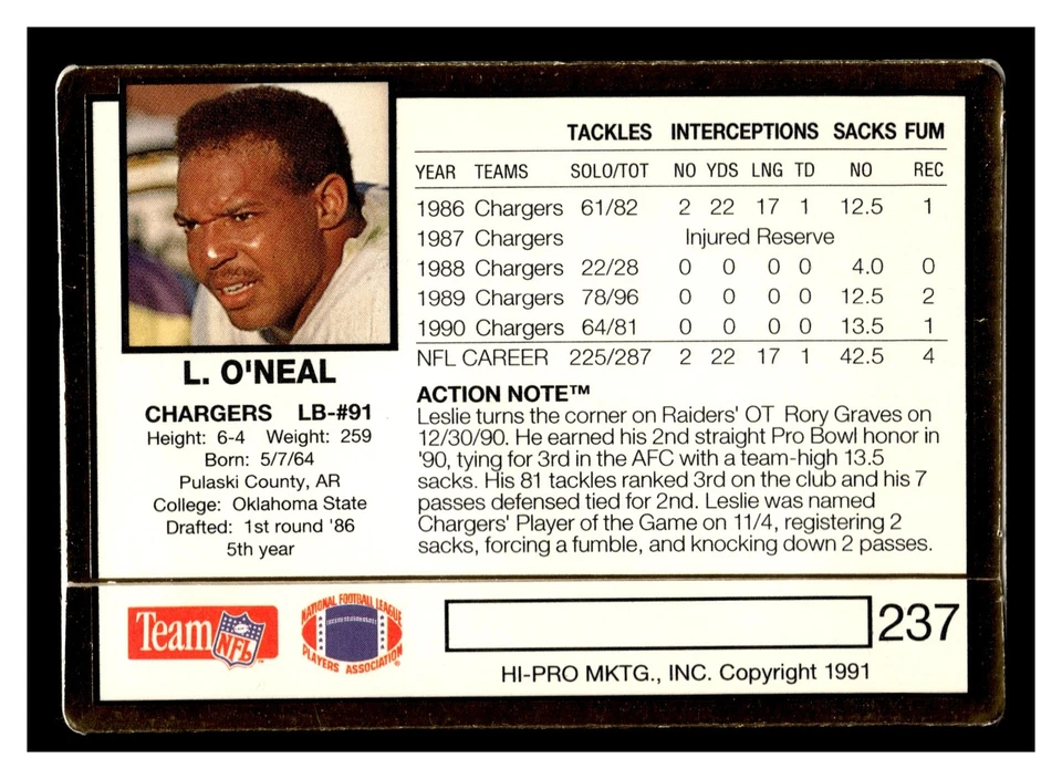 1991 Action Packed Leslie O'Neal #237 San Diego Chargers - Image 2 of 2