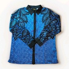 VTG Bob Mackie Wearable Art Long Sleeve Button Up Tunic Size M Blue Floral Print