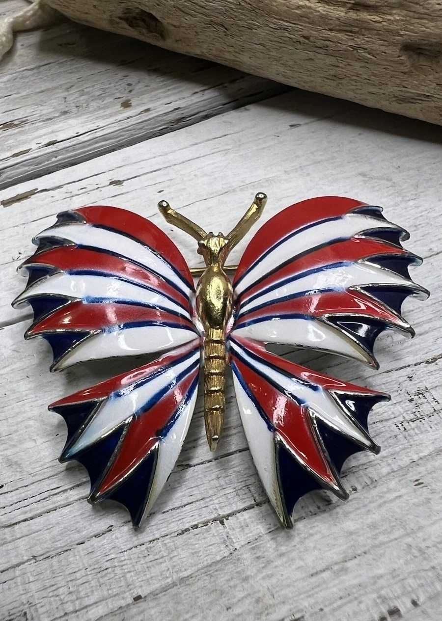 BUTTERFLY RED WHITE BLUE ENAMEL BROOCH PIN GOLD TONE COSTUME JEWELRY 🦋