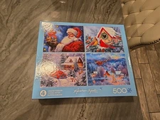 New Abraham Hunter Holiday 4 x 500 P Puzzle 2000 Ceaco Puzzles Santa Birds DENT