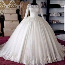 Elegant Ball Wedding Dresses A-Line Long Sleeve O-Neck Applique Lace Bridal Gown