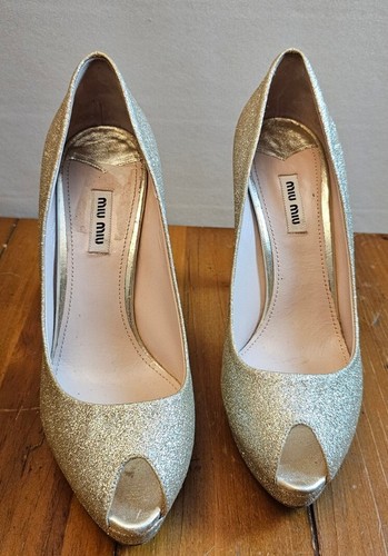 Miu Miu Gold Peep Toe Heels EU 40.5