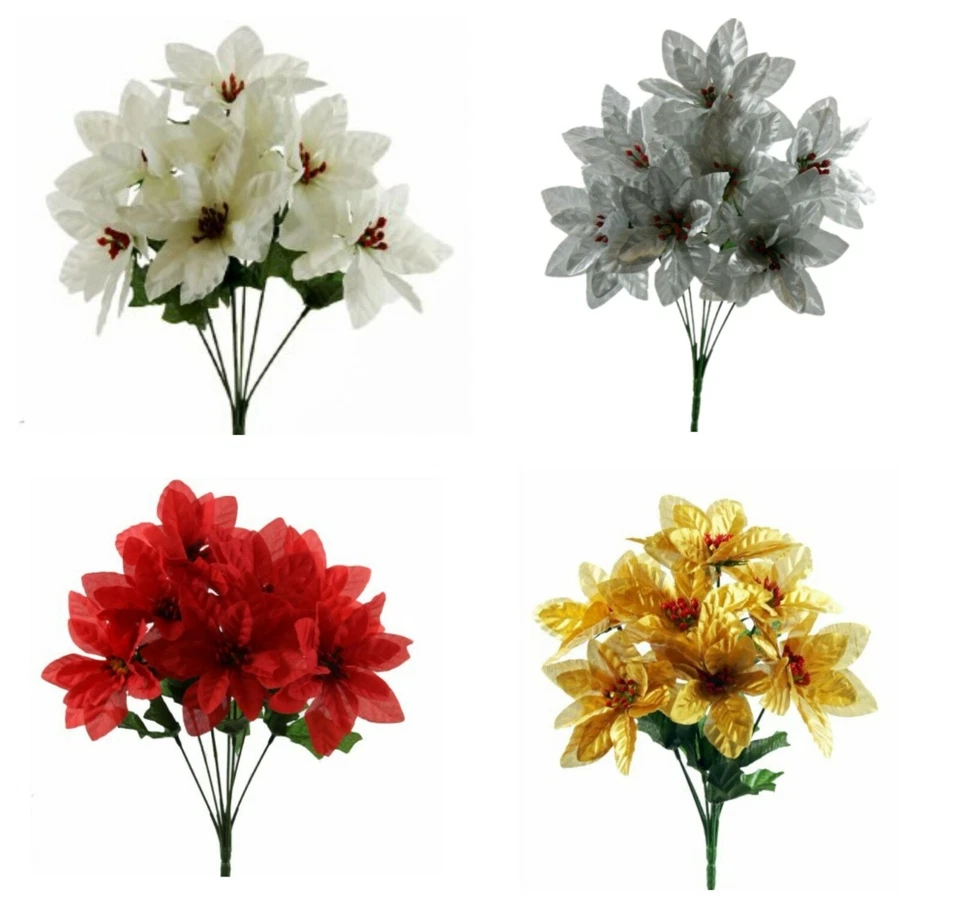 DIAMONTEDESIGNS Artificial Poinsettia / Holly Bush Red White Gold Silver x 7 Stems Flower Xmas
