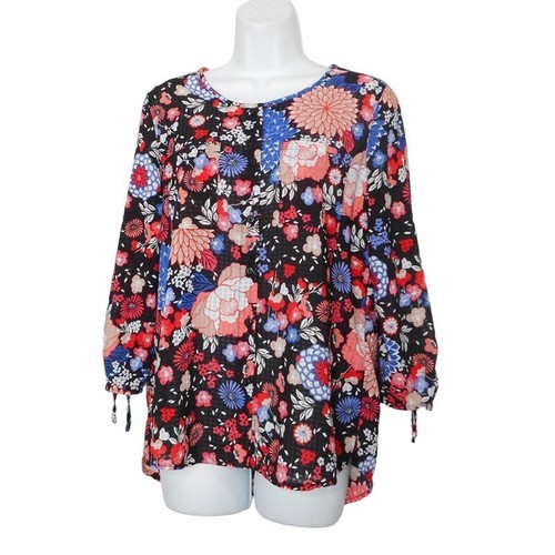 Rebecca Malone Top Womens S Black Multi Polyester 3/4 Ruched Sleeve Floral Work - Picture 4 of 13