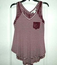 Women's American Rag Burgundy & White Striped  V-Neck Shirt Size Small-NWT