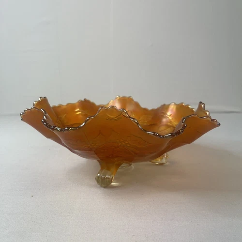 Antique Fenton Carnival Glass Marigold Stag and Holly 3 Footed Bowl Elk Deer