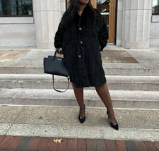 Davi & Dani Embossed Single Breasted Fur Coat Black