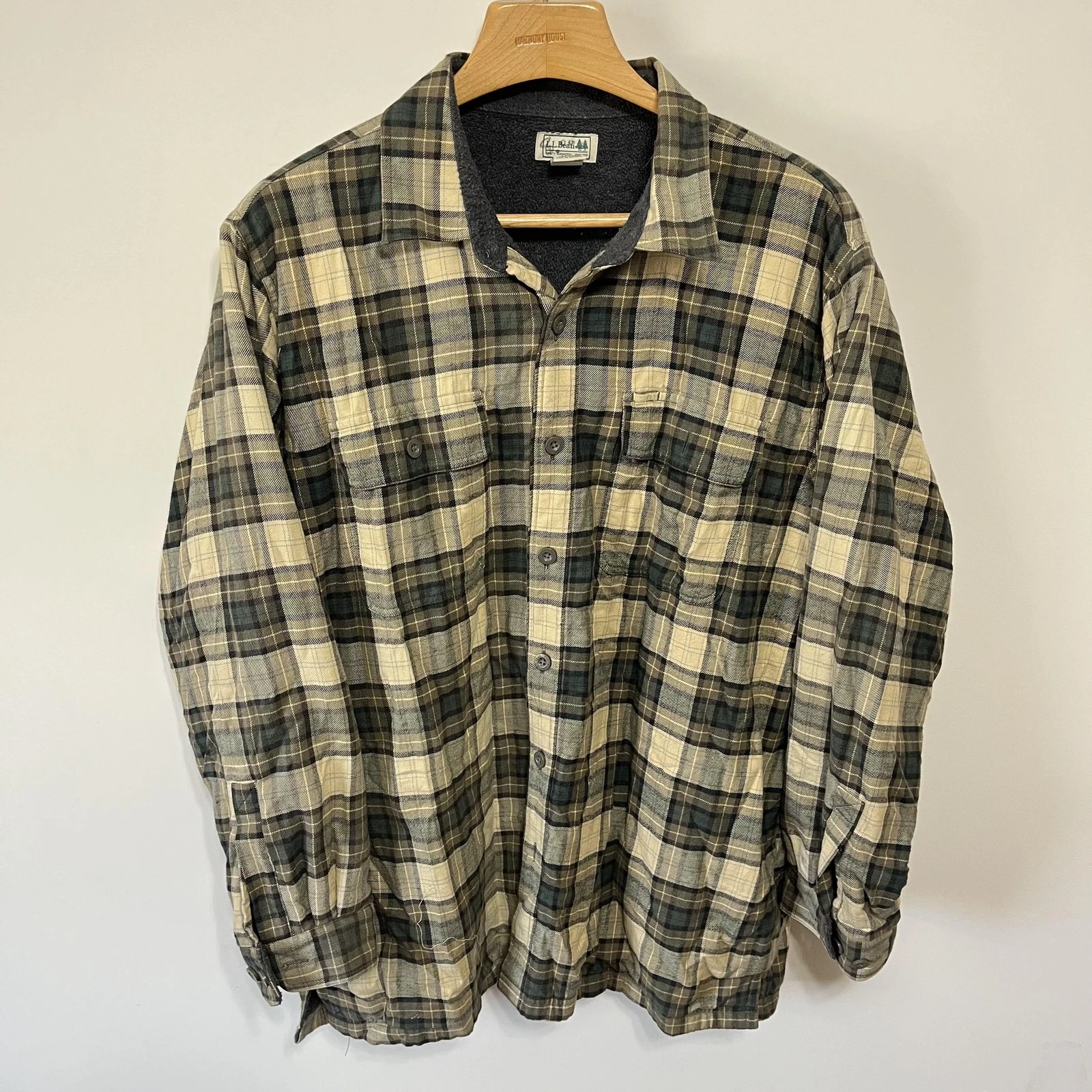 LL Bean Flannel Shacket Jacket Mens XL Green Plaid Fleece Lined Shirt Outdoor