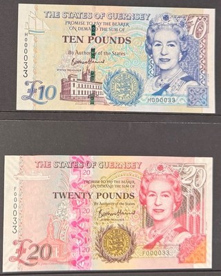 **GUERNSEY** **BRANDNEUE £10 & £20 SCHEINE** **NIEDRIGE ÜBEREINSTIMMENDE NUMMERN** **000033**