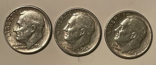 3 Silver Roosevelt Dimes (1) 1956-P (1) 1960-D (1) 1964-D circulated good