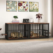 Dog Crate Furniture for 2 Dogs Steel Frame Dog Crate with Double Doors & Bowls