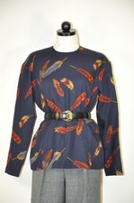 90s Bill Blass Navy Blue Wool Feather Print Back Buttons Top Blouse Women S M