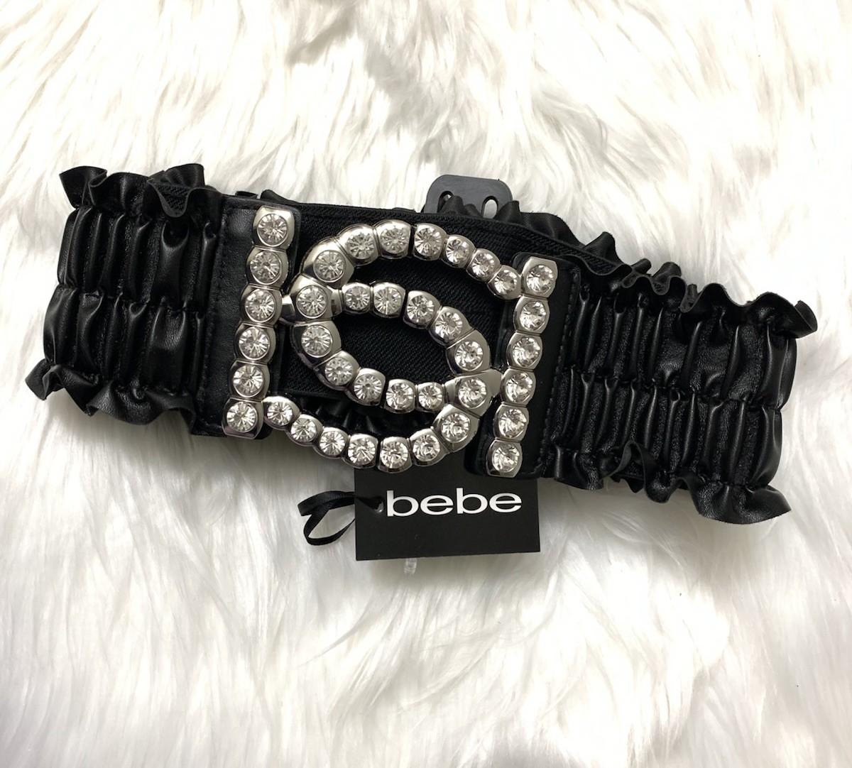 Bebe Silvertone Rhinestone Statement Buckle Faux Leather  display picture 1